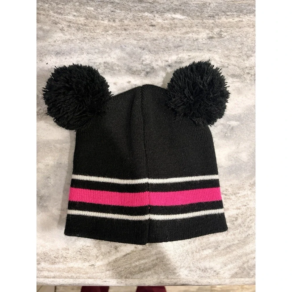 Disney Minnie Mouse Knit Beanie Hat  Pink Black Pom Pom Girls